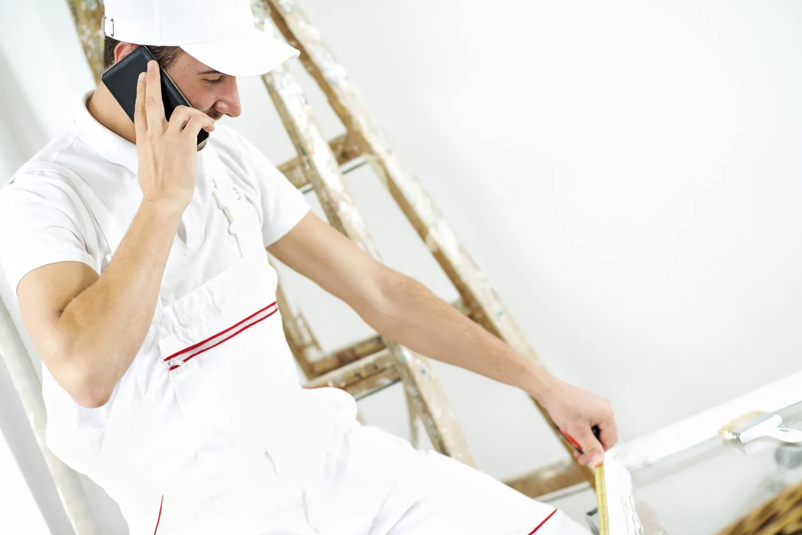 Arbeiter nimmt auf Abruf Messungen für neue Fenster vor